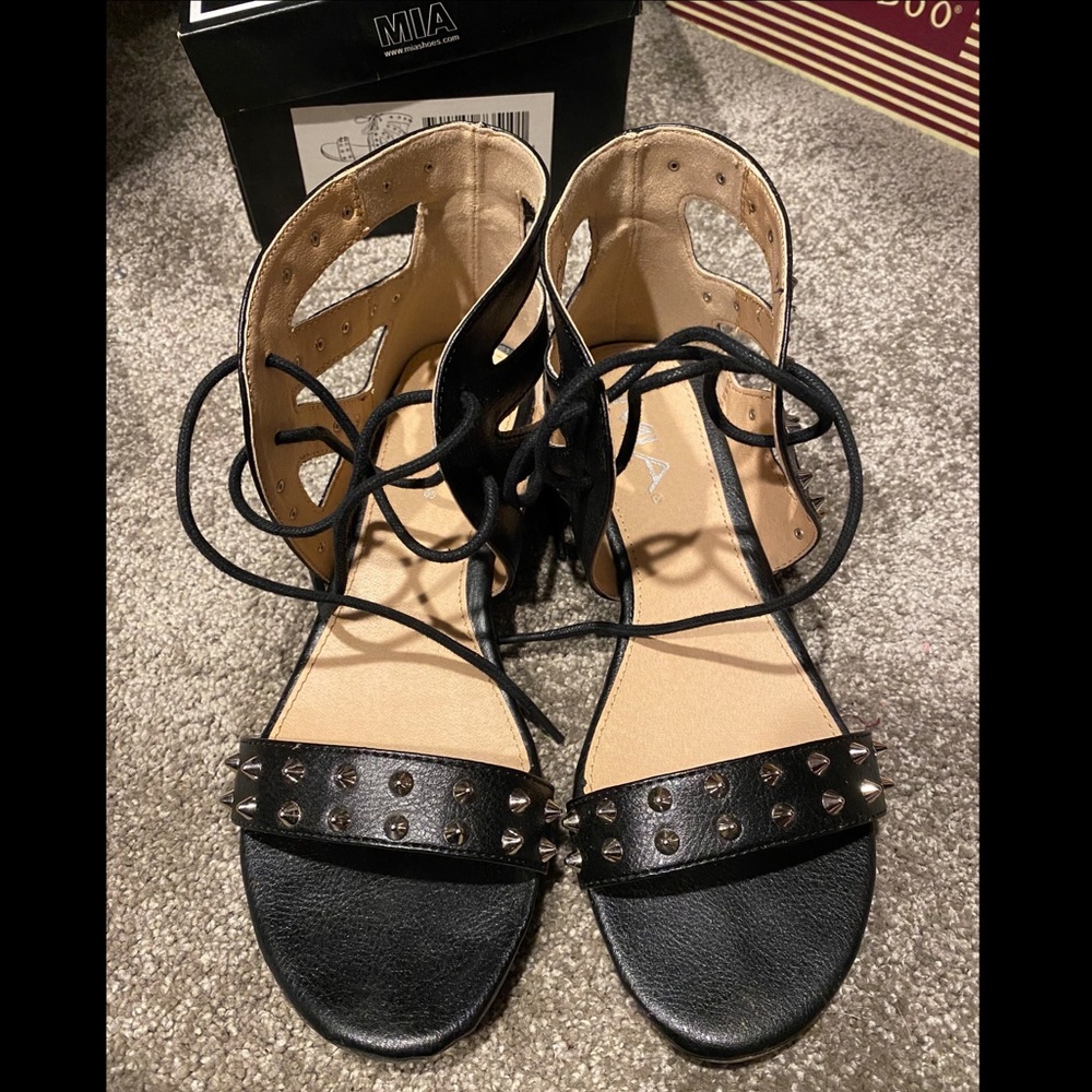 Lace up black studded sandals